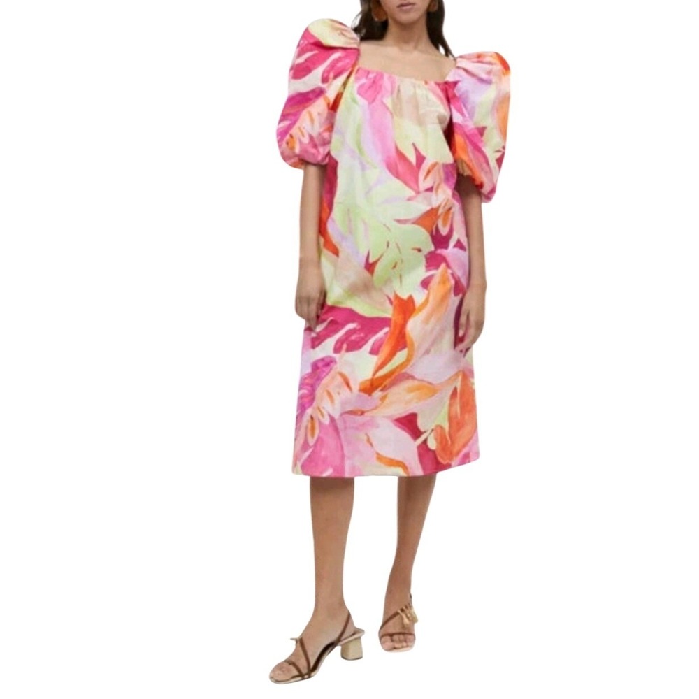 H&M Tropical Floral‎ Puff Sleeve Midi Dress Pink Orange Green Size M NWT